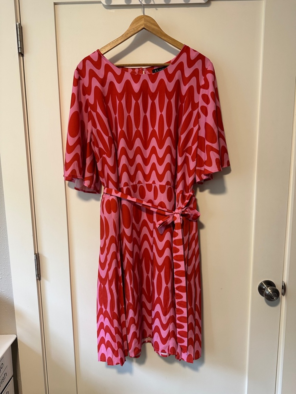 Eloquii Women's Pink and Red Patterned Belted Dress